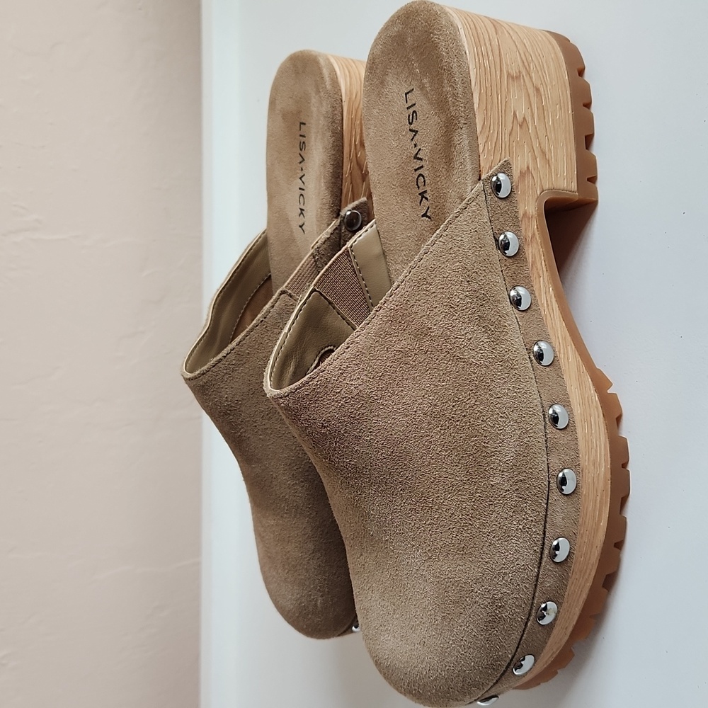 Lisa Vicky Vim Platform Suede Clogs Tan Camel Woo… - image 4